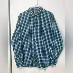 Wrangler Men’s Cotton Long Sleeve Button Up Blue White Plaid Shirt Size Large